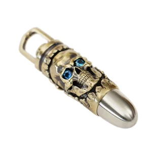 Blue CZ Eyes Brass Hollow Skull Pendant