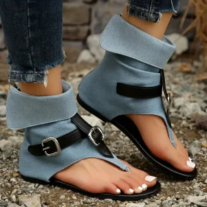 Women'S Sneaker Ladies Summer Clip Toe Flat Roman Sandals Denim