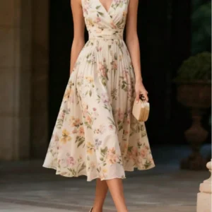 Pleated Sleeveless Midi Dress